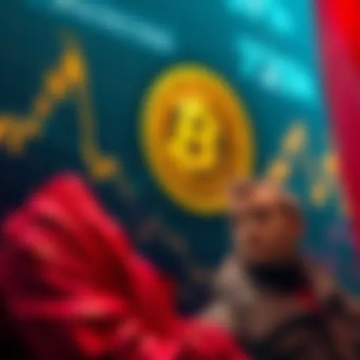 A graph showing Bitcoin price climbing above 72k after a recent peak at 69k, with a worried trader in the foreground contemplating next steps, expressing concerns over missing out.