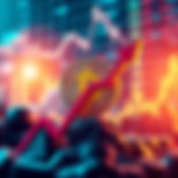 Bitcoin symbol with an upward arrow and rising software stocks in the background