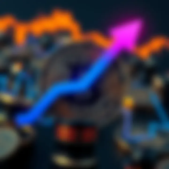 Bitcoin symbol with an upward arrow depicting the price surge to $69K as market rebounds.