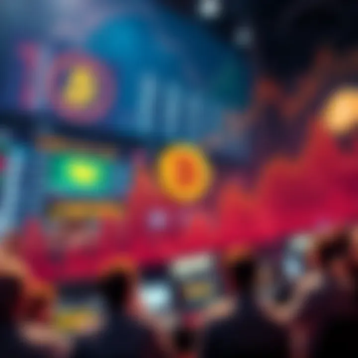 A graph showing Bitcoin price rising sharply to $75K with a background of excited traders discussing in forums.