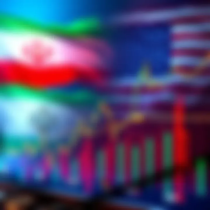 Graph showing Bitcoin prices climbing sharply with a background of flags representing Iran and the U.S.