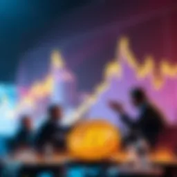 Bitcoin logo with a rising graph and frustrated investors discussing