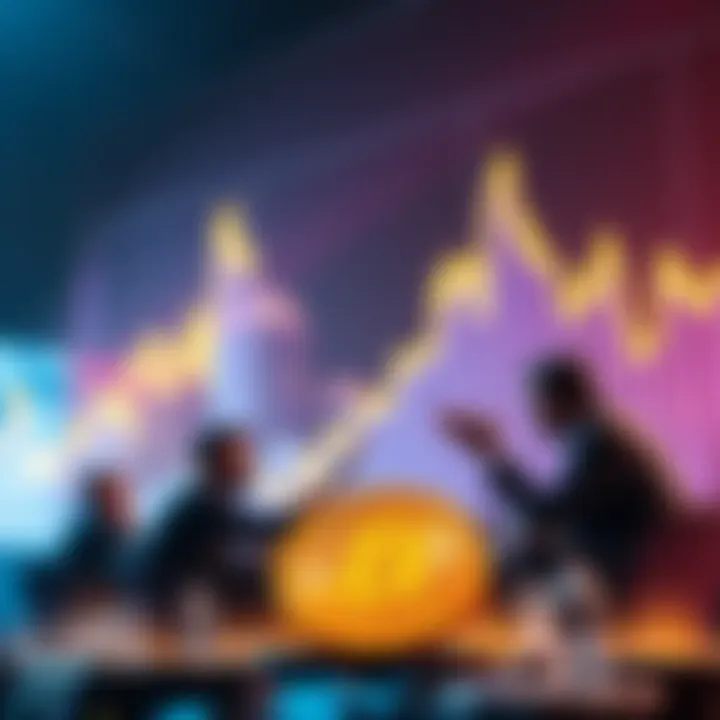 Bitcoin logo with a rising graph and frustrated investors discussing