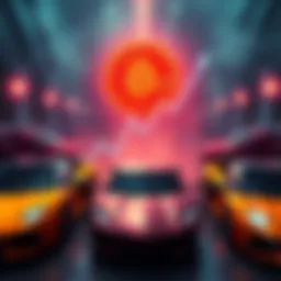 A graphic showing Bitcoin symbol with a rising graph indicating a price surge to 111k, surrounded by luxury cars like Lamborghinis.