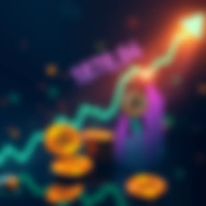 A graph showing Bitcoin price rising with a green trend line and currency symbols