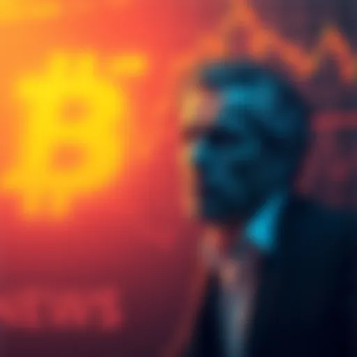 A graph showing the rising price of Bitcoin against a backdrop of a worried investor.