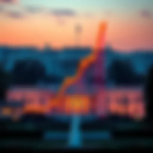 A graphical representation of a rising Bitcoin price chart with an upward trend arrow and a backdrop of the White House to symbolize leadership impact on cryptocurrency.