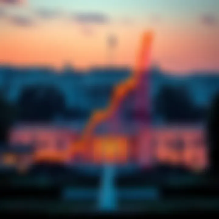 A graphical representation of a rising Bitcoin price chart with an upward trend arrow and a backdrop of the White House to symbolize leadership impact on cryptocurrency.