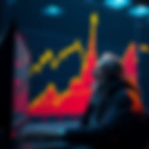 A graph showing Bitcoin price skyrocketing with a happy investor looking at his screen.