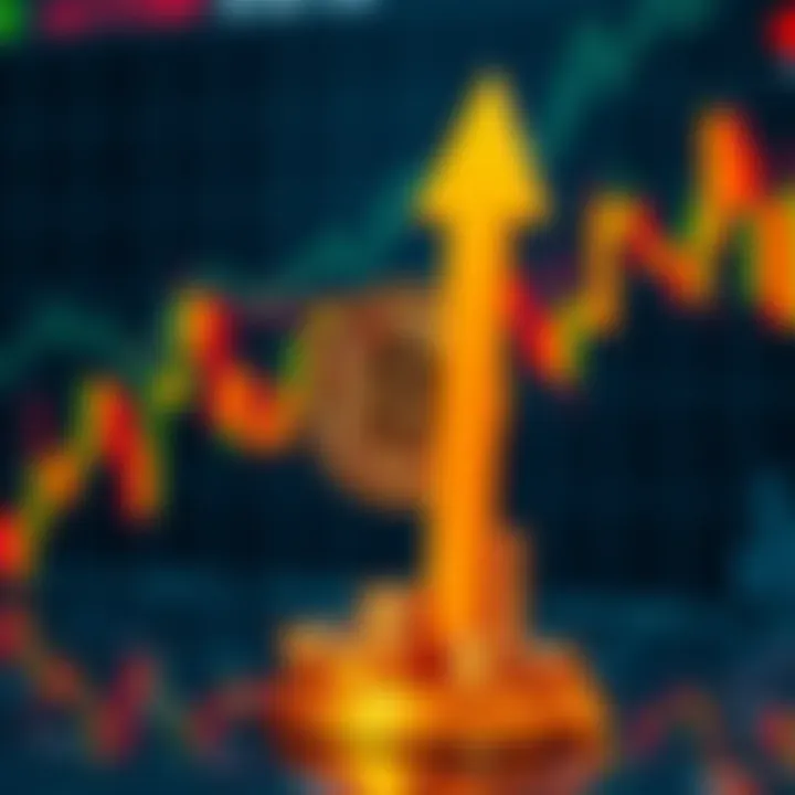 A graphic showing a rising Bitcoin symbol with an upward arrow, indicating a price increase. The background features a digital chart display.