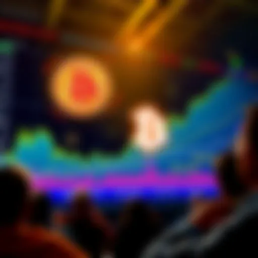 A chart showing Bitcoin skyrocketing past $87,000, with upward trends and happy investors watching.