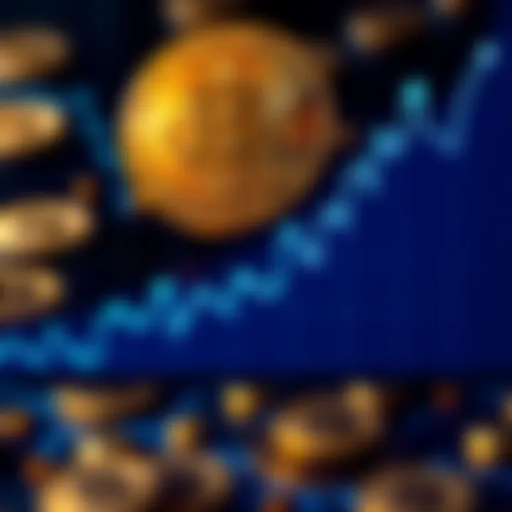 Graph showing Bitcoin price fluctuations with an upward trend and digital coins in the background