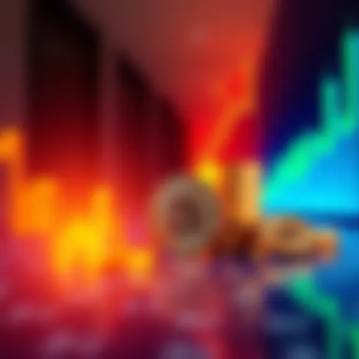 A digital representation of Bitcoin coins with an upward arrow symbolizing a price surge, set against a market graph backdrop.