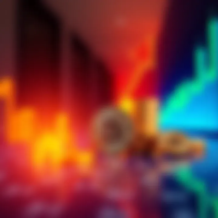 A digital representation of Bitcoin coins with an upward arrow symbolizing a price surge, set against a market graph backdrop.