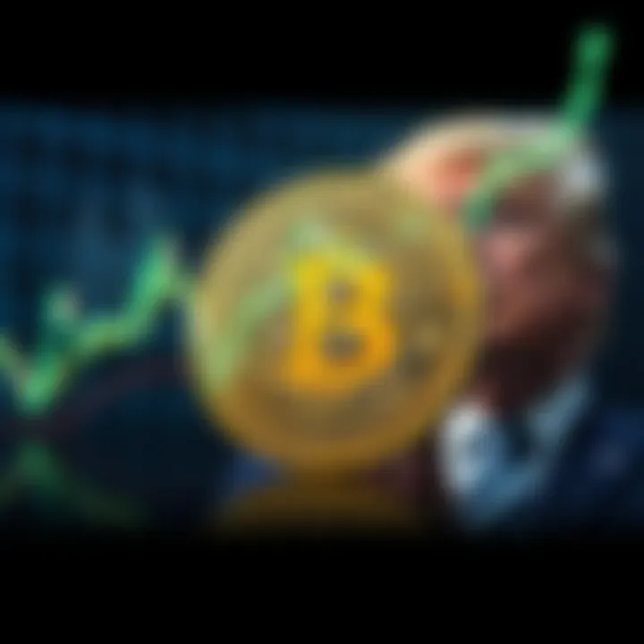 Bitcoin Price Surge Bitcoin symbol with a rising graph and President Trump in the background, reflecting market volatility after his remarks on Iran.