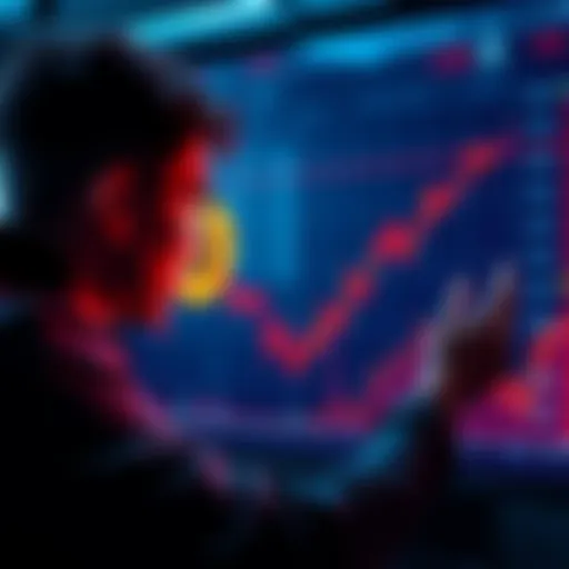A graph showing a downward trend in Bitcoin prices with a worried investor looking at the screen