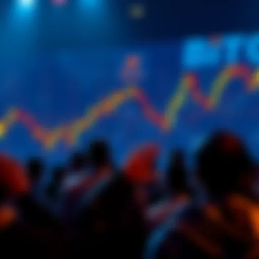 A chart showing a bearish trend for Bitcoin with a marubozu candlestick pattern, indicating potential decline. Some people display strong hope in the background.