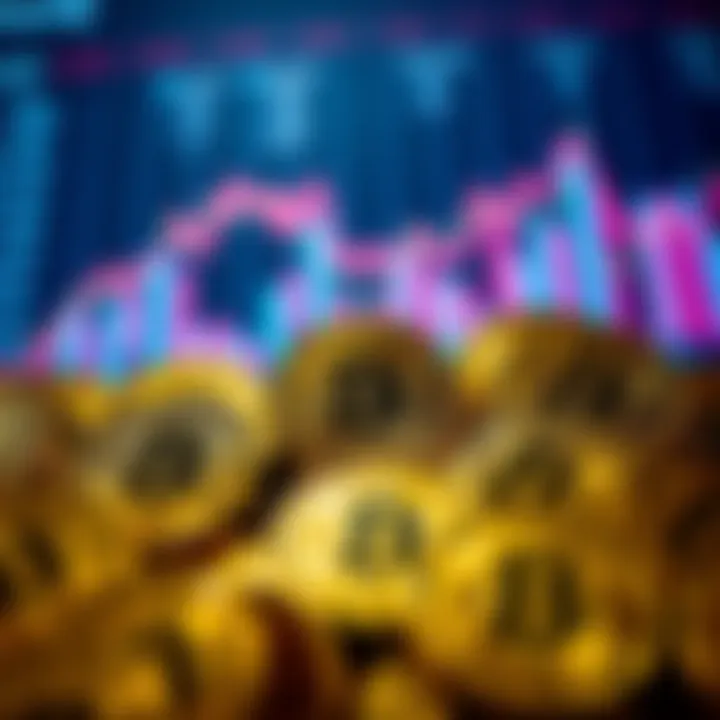 A collection of Bitcoin symbols with rising price charts in the background, illustrating market trends and value fluctuations