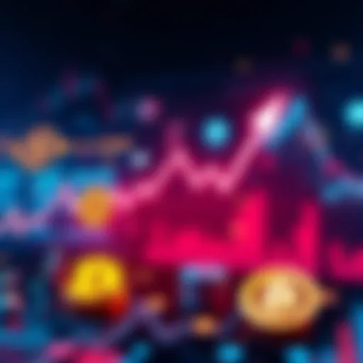 A graph showing Bitcoin price movements with arrows indicating fluctuations, surrounded by icons representing market trends and investor activity.