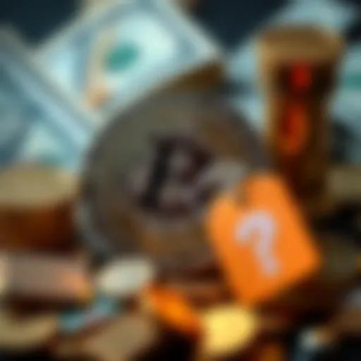 A graphic showing the contrast between Bitcoin's price and lack of inherent value, featuring a Bitcoin symbol with a price tag and a question mark, against a backdrop of fiat currency and physical assets.