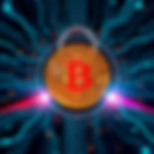 A Bitcoin symbol surrounded by a digital lock, representing privacy and security in finance.