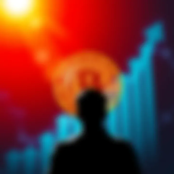 A graphic showing a Bitcoin symbol with upward arrows and a person contemplating whether to sell or hold their investment.