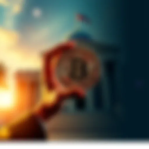 A person holding a Bitcoin symbol while standing in front of a government building, representing financial freedom from control.