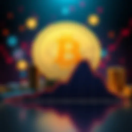 A graph showing a downward trend in Bitcoin's protocol development, with symbols for cryptocurrency in the background.