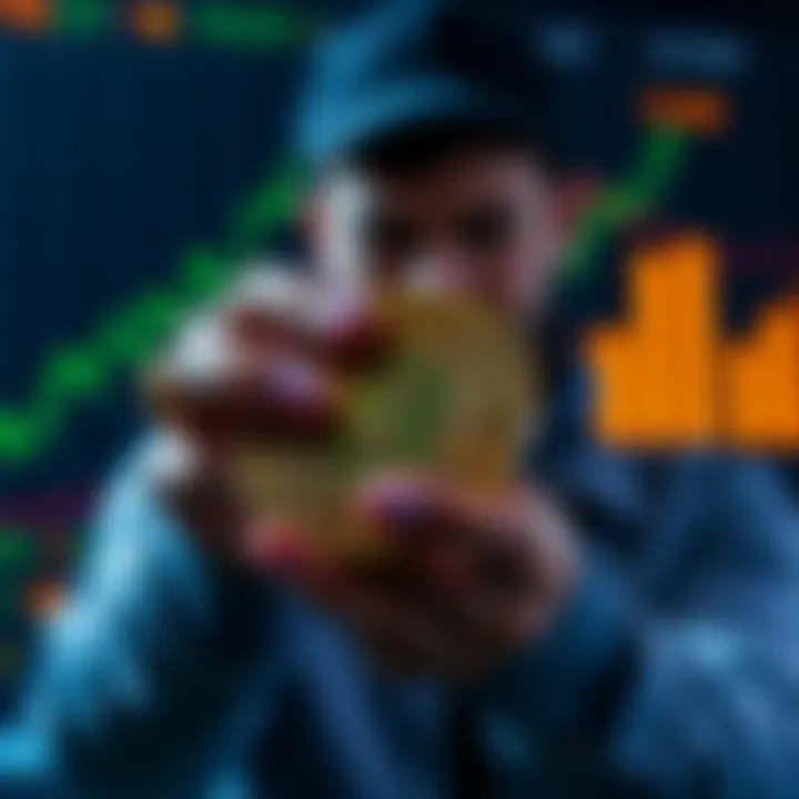 Investor holding Bitcoin coins with a graph showing price increase in background