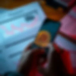 A person holding a smartphone with a Bitcoin symbol on the screen, looking at charts showing low spreads, surrounded by financial documents.