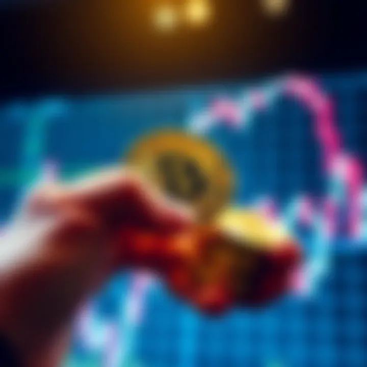 An investor holding Bitcoin coins with a graph showing market trends in the background.