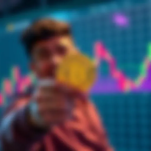 A person excitedly holding a physical Bitcoin with a graph showing a market dip in the background.