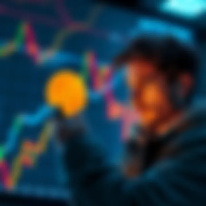 A frustrated person looking at their phone while trying to buy Bitcoin, with a graph showing Bitcoin prices in the background