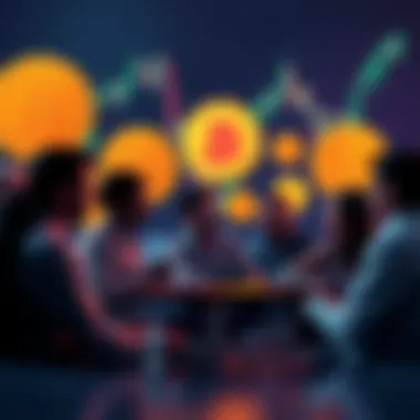 A group of people sharing stories about their first Bitcoin purchases, with Bitcoin logos and charts in the background.
