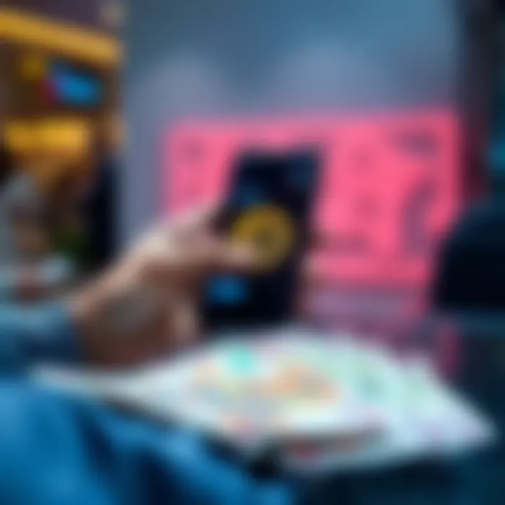 A person using a smartphone to buy Bitcoin on a digital platform, with Indian currency notes nearby