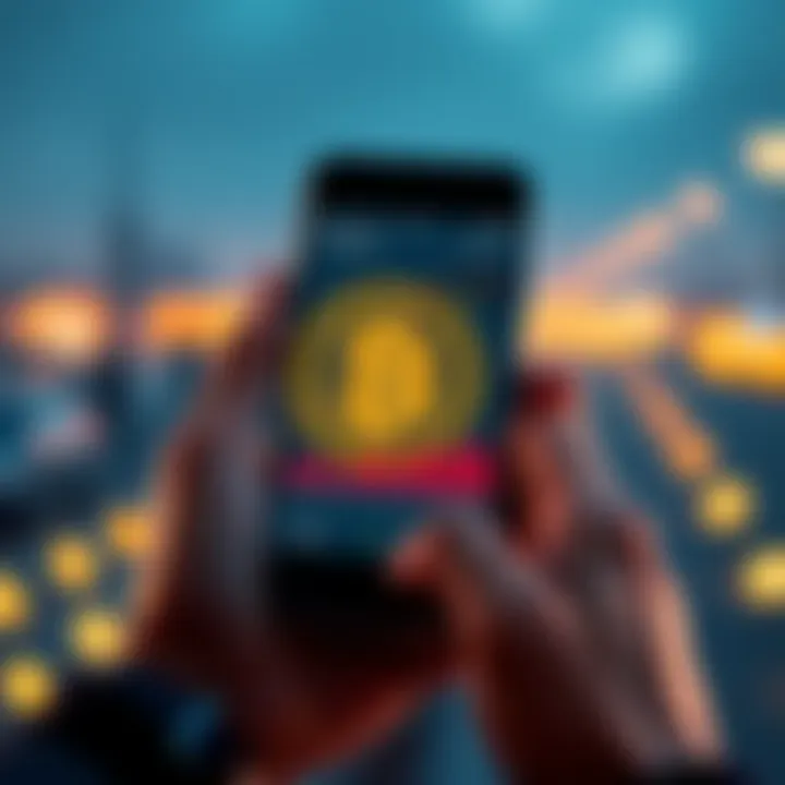 Bitcoin Purchase Journey A person holding a smartphone displaying a Bitcoin chart with a thoughtful expression, symbolizing investment decisions and dollar-cost averaging.