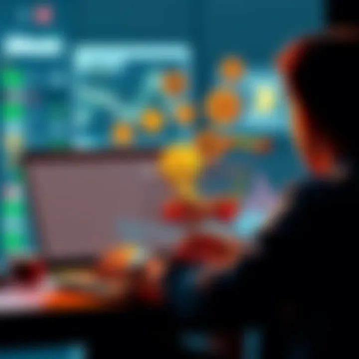 A person sitting at a laptop, showing a shopping cart filled with Bitcoin symbols and various items bought online.