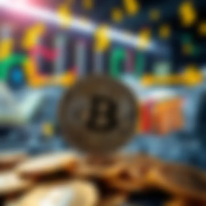 A graphic showing Bitcoin coins with a background of shopping carts and currency symbols, illustrating the impact of Bitcoin on buying power.