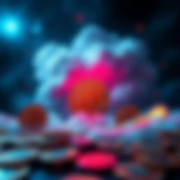 A digital representation of Bitcoin symbols facing a looming quantum cloud, symbolizing potential risks.