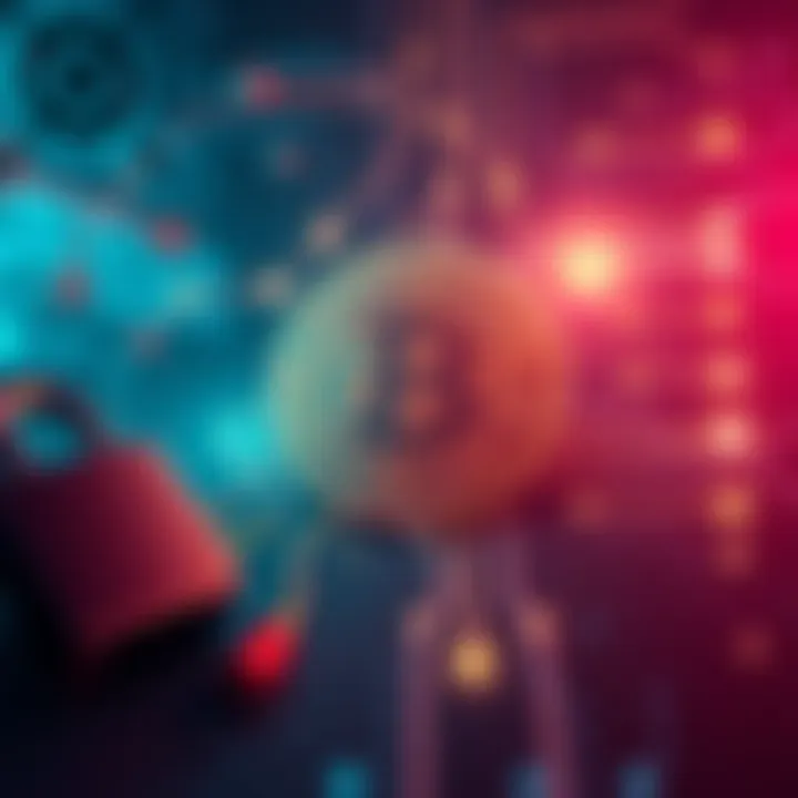 Illustration showing a Bitcoin symbol with digital locks and a backdrop of quantum computer elements.