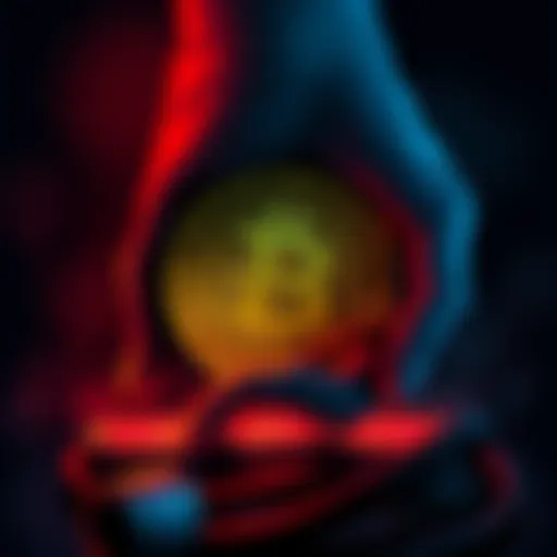 An illustration showing a Bitcoin symbol with a dark shadow looming over it, symbolizing moral concerns about its origins