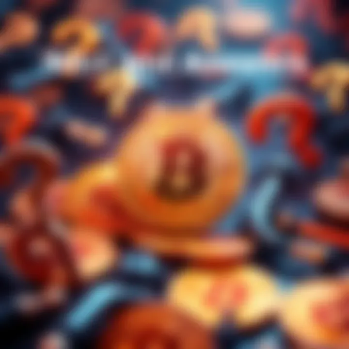 A graphic showing Bitcoin symbols and question marks, symbolizing inquiries about cryptocurrency.