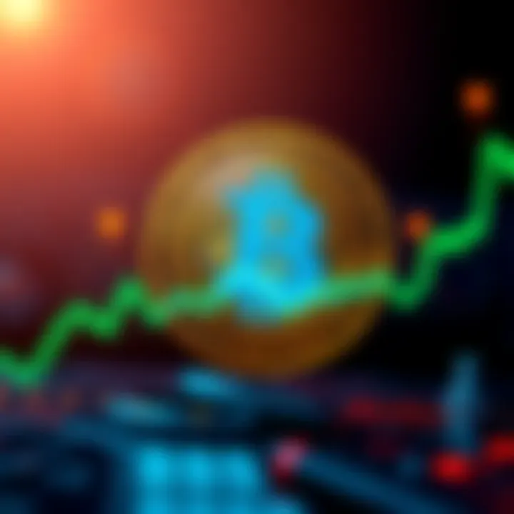 A digital representation of Bitcoin symbol with a graph showing a price surge to $64,000