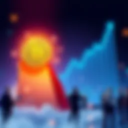 A digital illustration showing a Bitcoin symbol rising above a graph indicating financial growth, with people discussing their plans in the background.