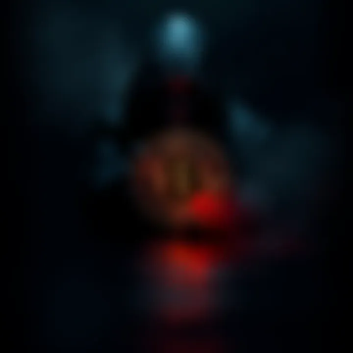 A glowing Bitcoin symbol surrounded by shadows, representing the looming presence of the Reaper in financial markets