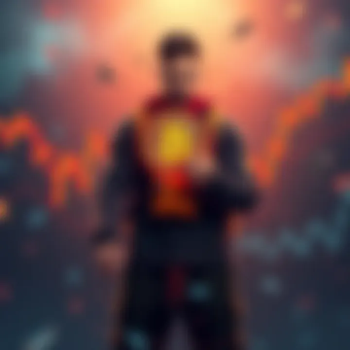 A person stands with a determined look, holding a Bitcoin symbol while surrounded by falling charts, symbolizing hope for recovery in the crypto market.