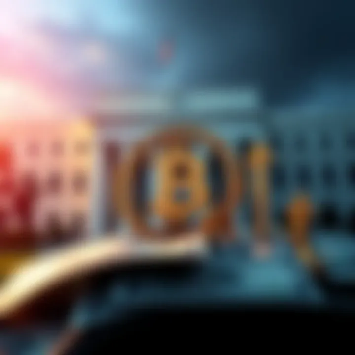 A visual representation of Bitcoin symbol with upward arrows indicating recovery, alongside dollar bills and a Federal Reserve building in the background.