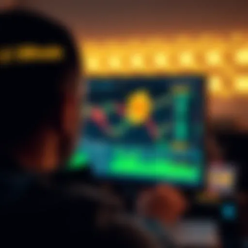 A person looking at a computer screen displaying Bitcoin charts and cryptocurrency values, with a nostalgic expression, representing a journey in cryptocurrency from 2018 to today.