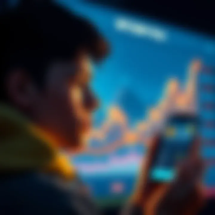 A young person looks sad while staring at a graph showing Bitcoin's rise in value, holding a smartphone with Bitcoin prices displayed.