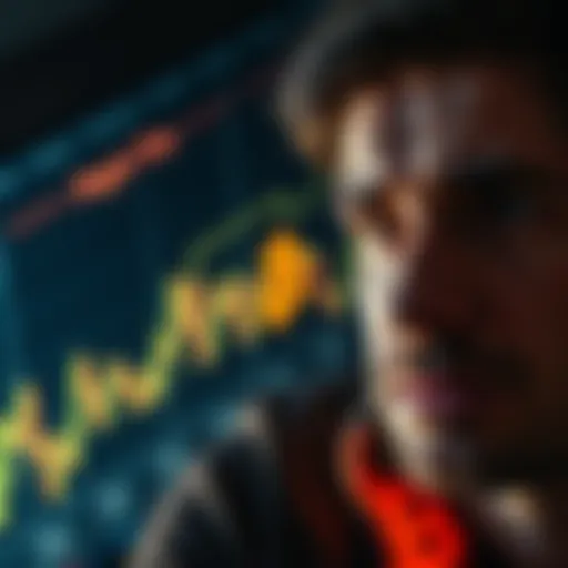 A person looking at a graph showing Bitcoin price fluctuations, with a concerned expression on their face, symbolizing regret over past decisions.